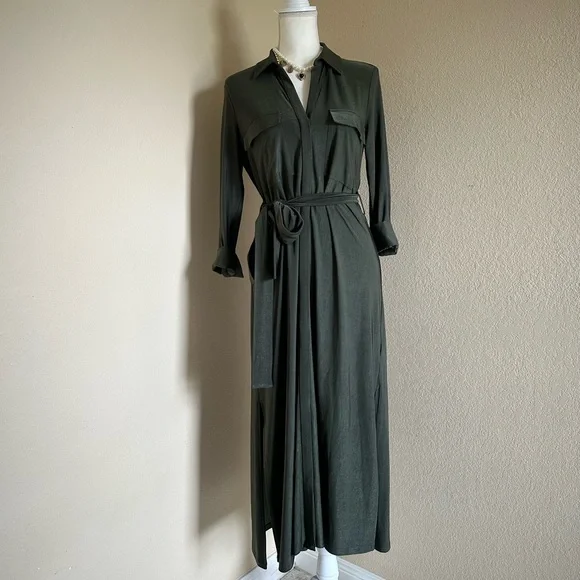 L'agence Rivi Midi Shirt Dress Olive Green XS Utility Business Casual Luxury - Picture 2 of 13